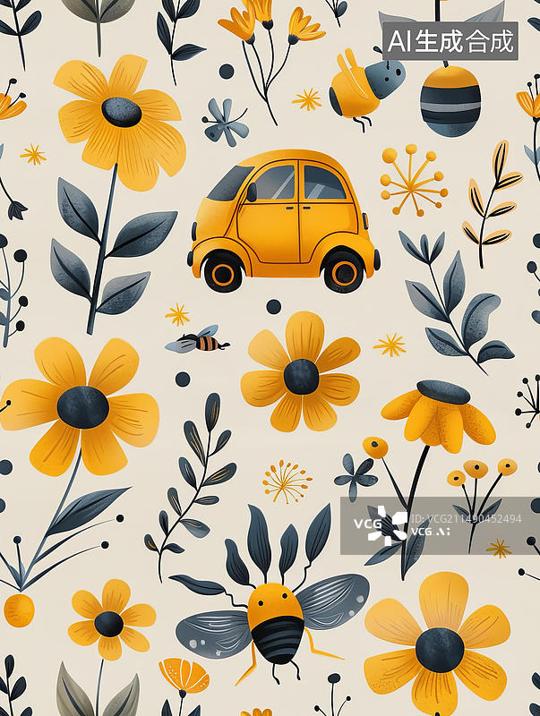 【AI数字艺术】可爱的小黄车与蜜蜂花朵图片素材