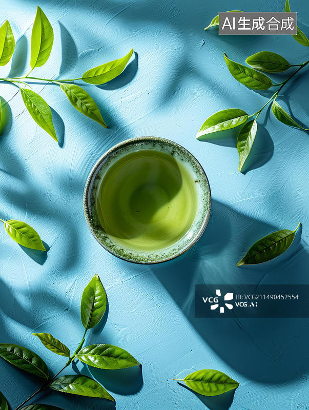 【AI数字艺术】绿茶碗和绿茶叶在蓝色的背景上图片素材
