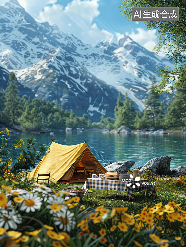 【AI数字艺术】在湖边露营的黄色帐篷背景是白雪皑皑的山脉图片素材