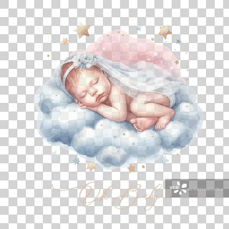 在云朵上睡觉的新生儿图片素材