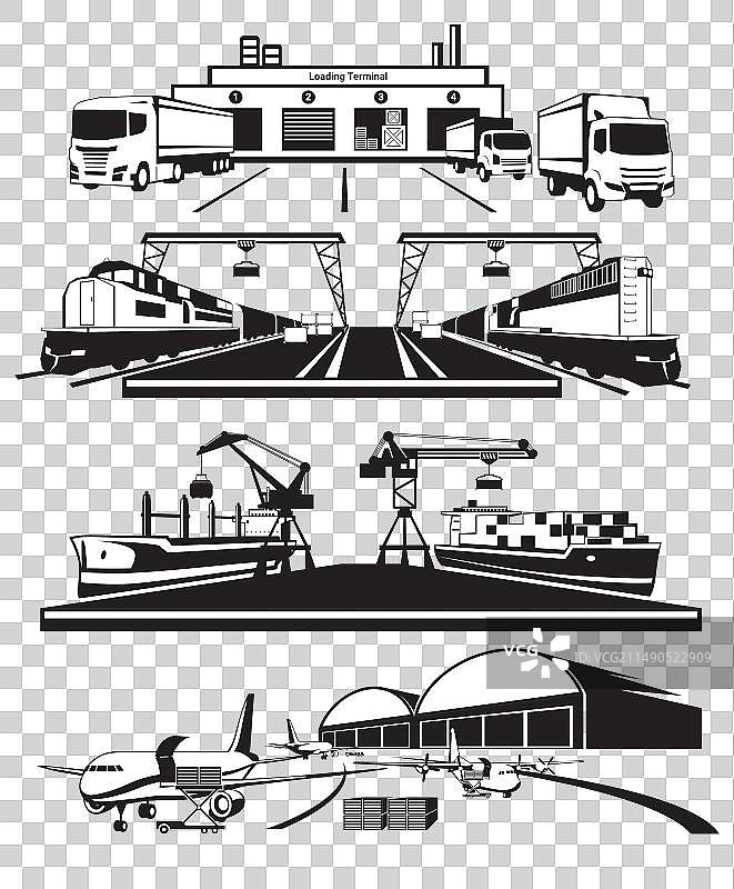 货物装卸站：货船、火车和卡车图片素材