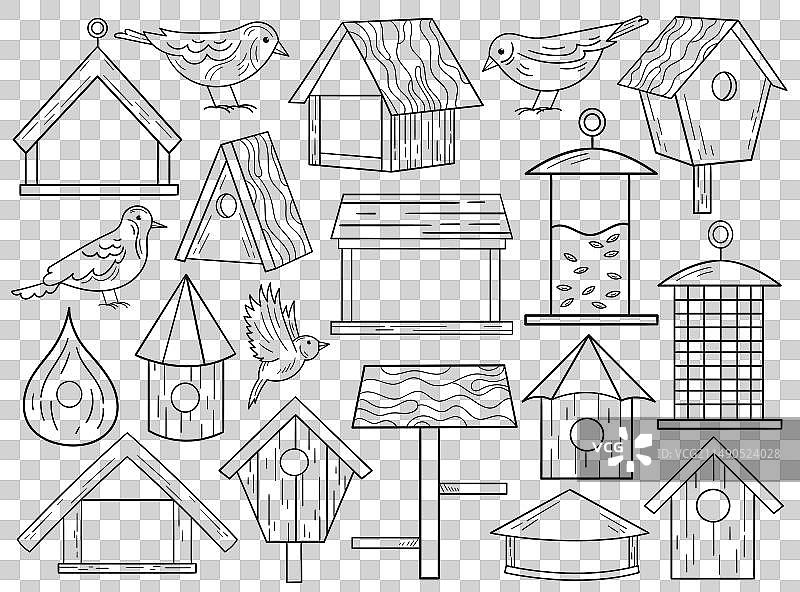 黑白鸟舍和小鸟轮廓设计图片素材