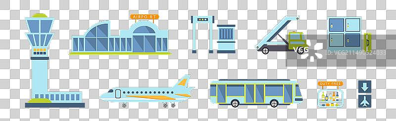 机场扁平图标和彩色对象合集图片素材