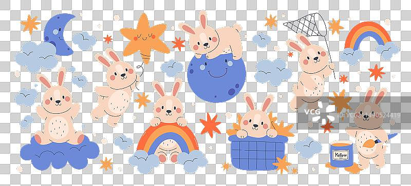 云朵彩虹月亮星星上的可爱兔子图片素材