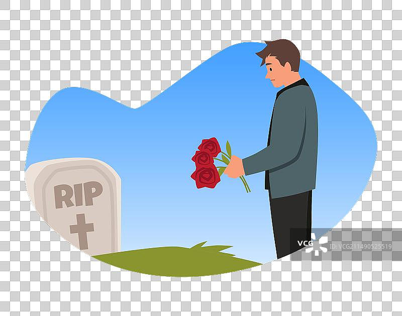 在墓碑上放着葬礼鲜花的悲伤男人图片素材