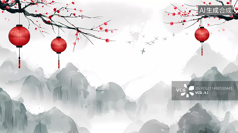 【AI数字艺术】中国风悬挂的红色灯笼图片素材