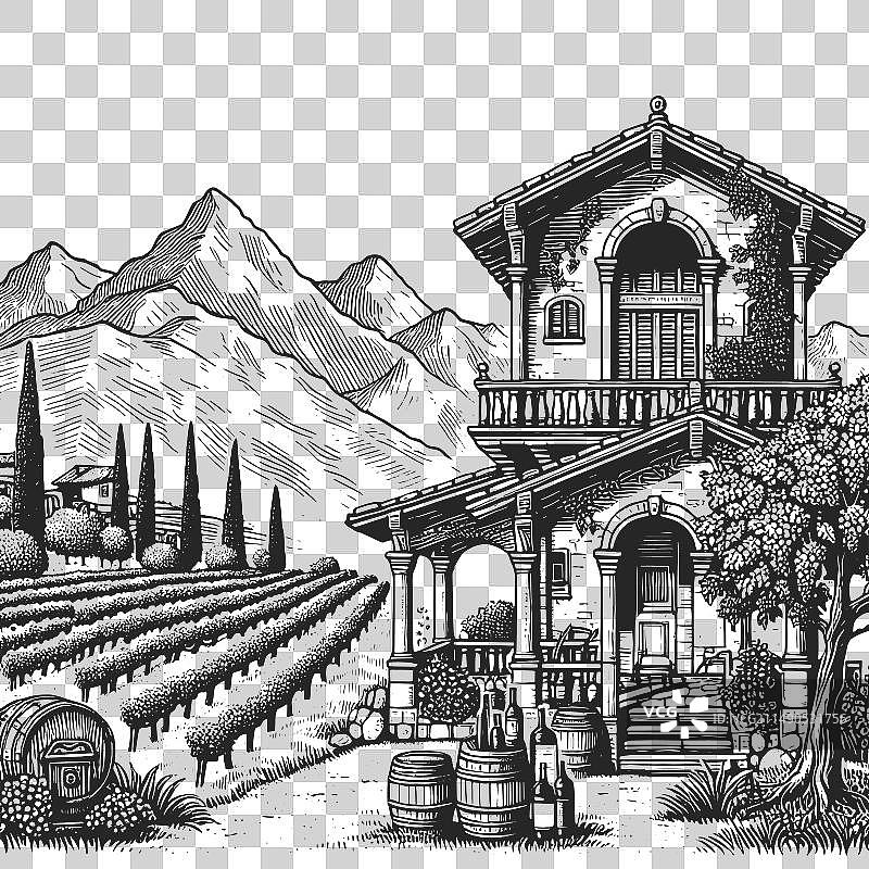 雕刻风格的托斯卡纳葡萄园乡村别墅图片素材