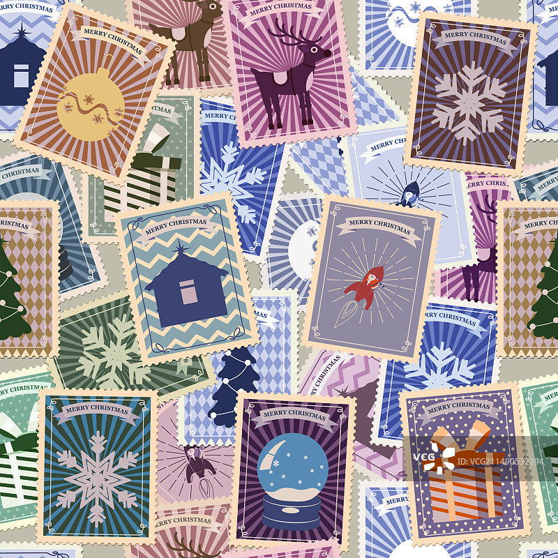 圣诞节旧邮票无缝图案图片素材