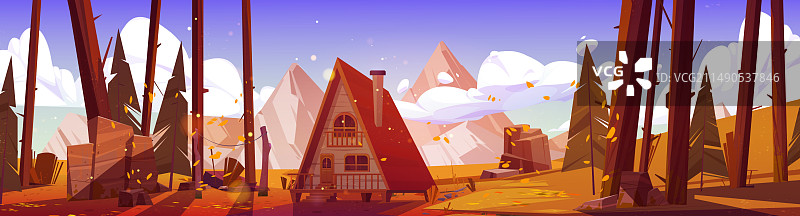 卡通秋季风景和木屋图片素材
