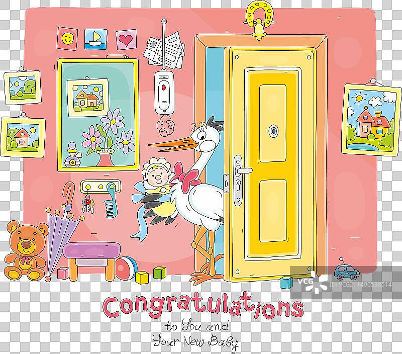 带有鹳和婴儿的生日贺卡图片素材