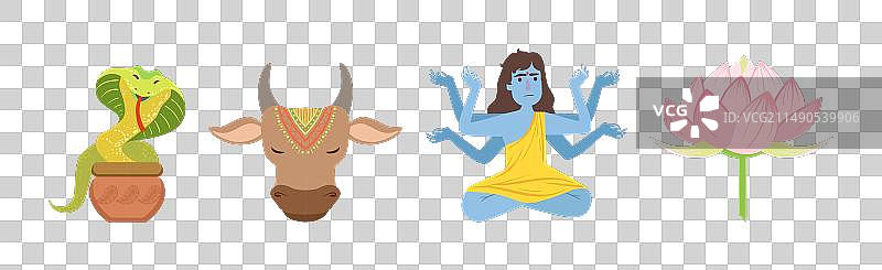 印度眼镜蛇牛湿婆莲花扁平图标图片素材