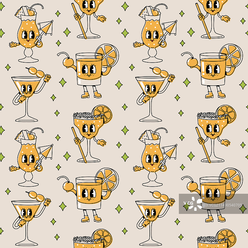 卡通时髦鸡尾酒角色无缝图案图片素材