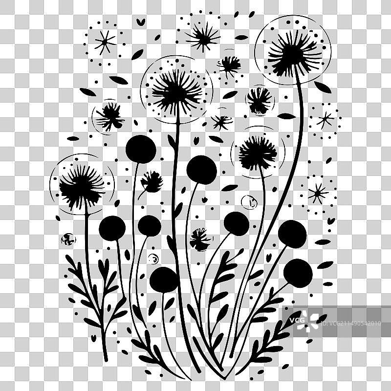 黑色飞行蒲公英种子涂鸦草图图片素材