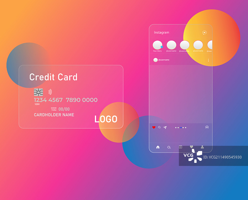 玻璃拟态银行卡和Instagram界面图片素材