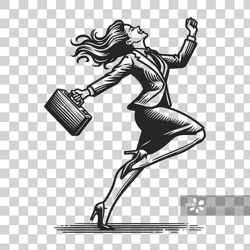 喜悦的商务女性跳跃公文包图片素材