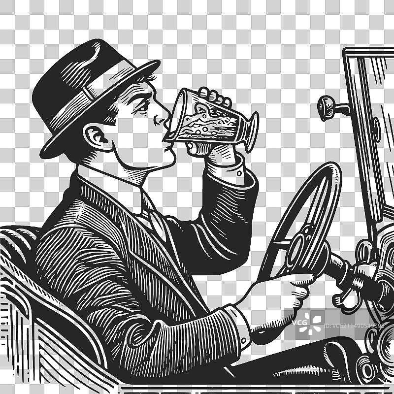 男人酒后驾车雕刻插画图片素材
