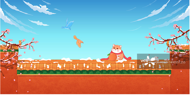 城墙上吃橘子的仓鼠图片素材