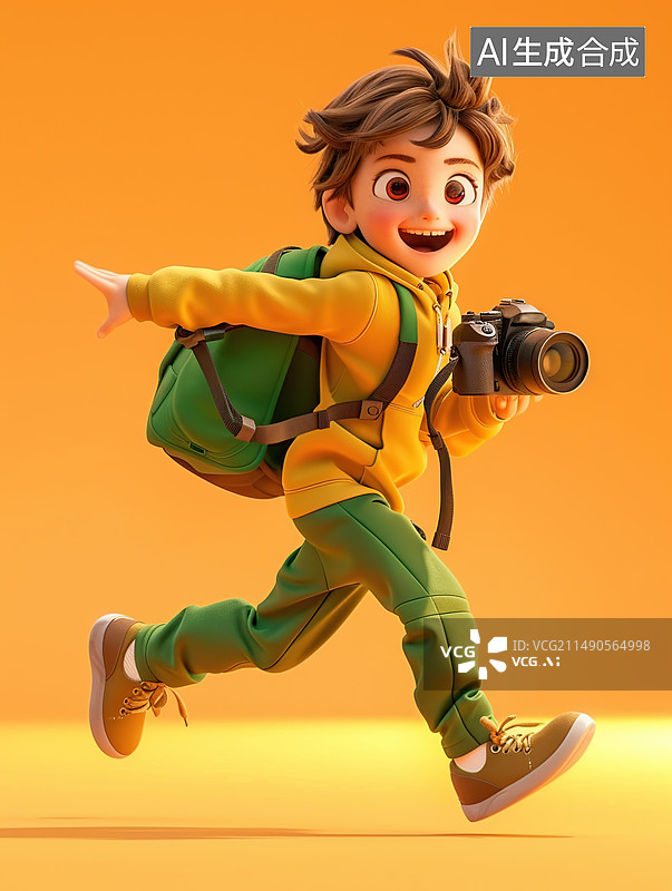 【AI数字艺术】在橙色背景下一个穿着绿色裤子和黄色连帽衫，肩上扛着一个打开的相机包，镜头朝前奔跑图片素材