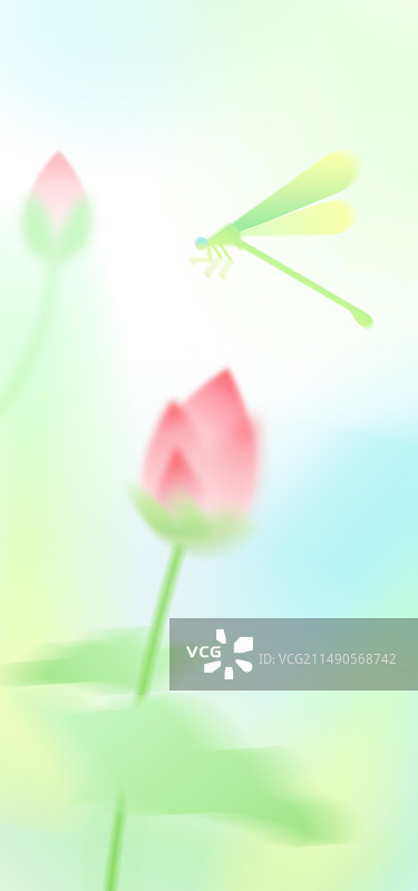 荷花粉色绿色蓝色弥散风清新背景竖版插画图片素材