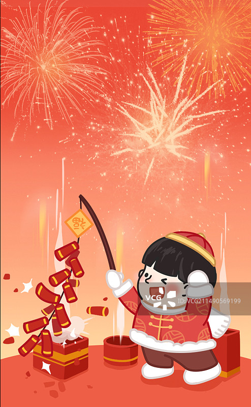 小孩捂耳朵放鞭炮庆祝新年春节红色放烟花天空背景素材图片素材