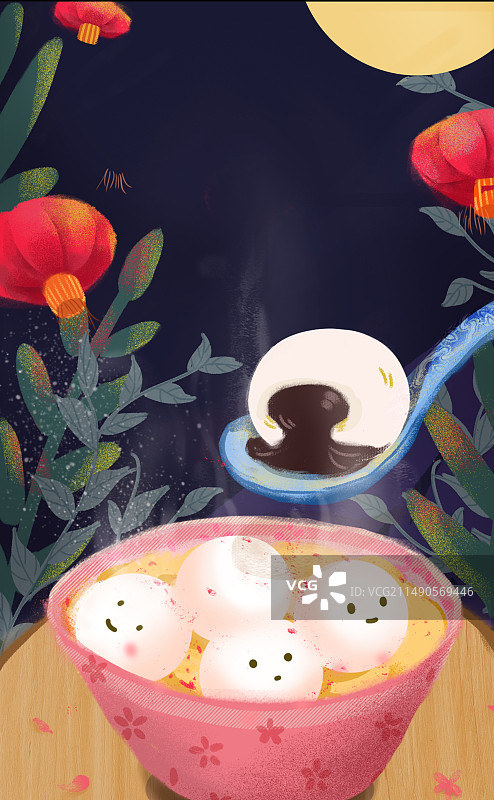 元宵节夜晚扁平卡通可爱带表情一碗元宵勺子中汤圆黑芝麻馅流出图片素材