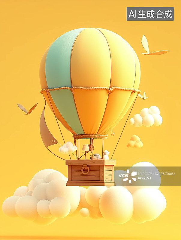 【AI数字艺术】一个热气球，蓬松的云朵，黄色的背景，粘土材料的3D卡通风格，光滑有光泽图片素材