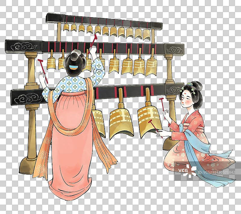 中国风手绘古风唐朝汉服人物与民族乐器国学教育传统文化插画素材，吹拉弹唱击打，敲编钟。图片素材