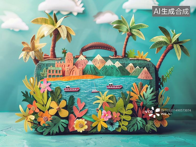 【AI数字艺术】热带海滩风格的行李箱图片素材