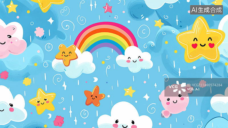 【AI数字艺术】色彩斑斓的星星和云朵彩虹等儿童插画背景图片素材