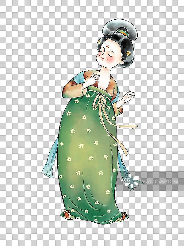 手绘古风唐朝汉服人物插画元素，站着的仕女。图片素材