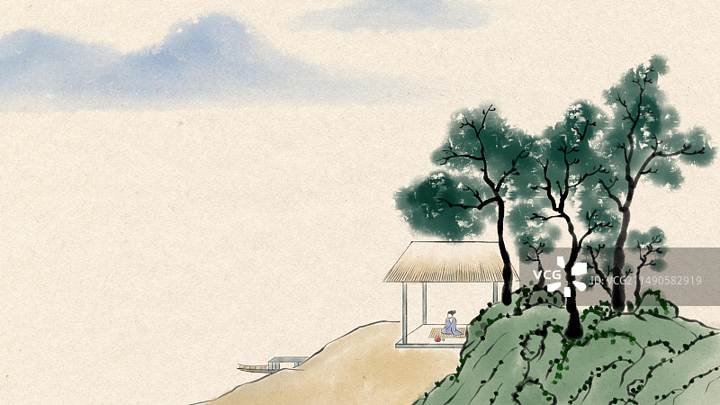 手绘中国风山水画图片素材