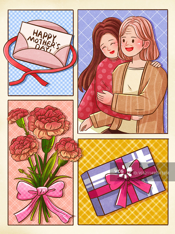 手绘母亲节康乃馨花束礼物分格漫画插画图片素材