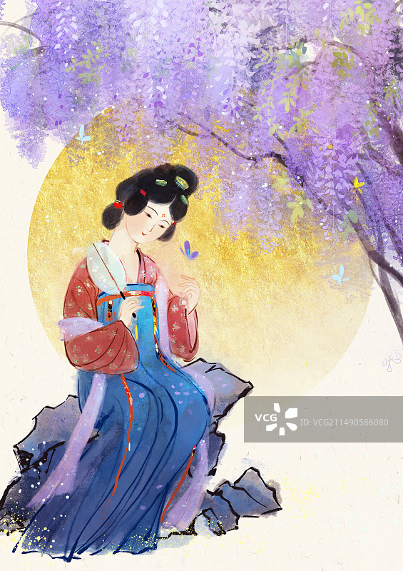 紫藤花下的唐朝美人图片素材