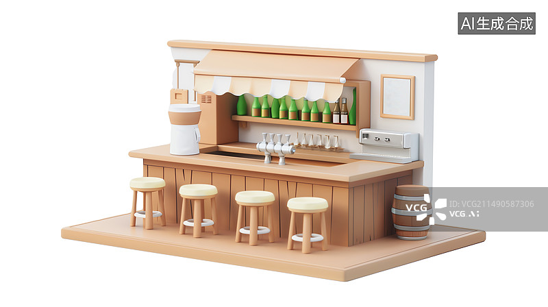 【AI数字艺术】白底背景3D风格酒吧场所元素图片素材