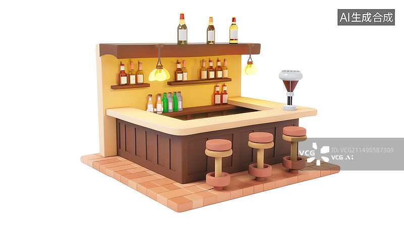 【AI数字艺术】白底背景3D风格酒吧场所元素图片素材