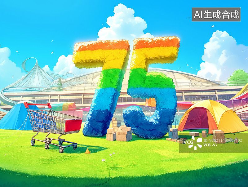 【AI数字艺术】彩虹色毛绒数字75，草地购物车旅游概念图片素材