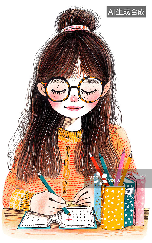 【AI数字艺术】一个戴眼镜的小姑娘正在写作业图片素材