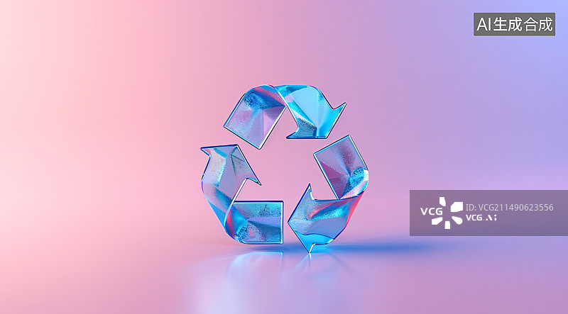 【AI数字艺术】由玻璃组成的回收标志，绿色环保可再生能源背景图片素材