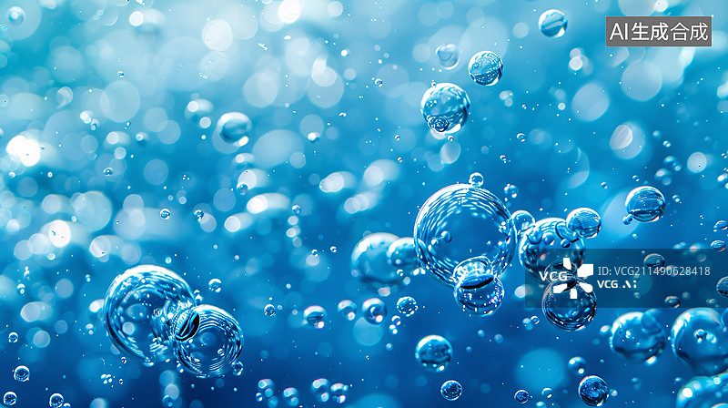 【AI数字艺术】水背景下液体气泡内的分子，化妆品精华，化妆品水疗医疗护肤，3d插图图片素材