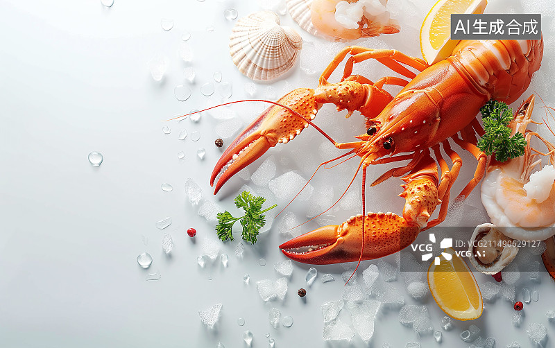 【AI数字艺术】俯拍角度龙虾海鲜背景图片素材