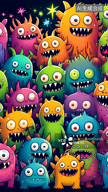 【AI数字艺术】儿童插画，许多可爱的彩色卡通小怪物，小怪兽，细菌，病毒图片素材