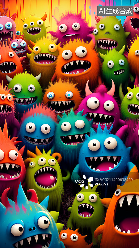 【AI数字艺术】3D儿童插画，许多可爱的彩色卡通小怪物，小怪兽，细菌，病毒图片素材