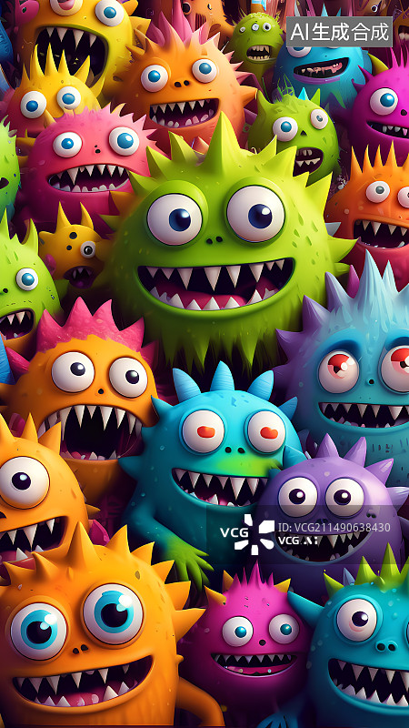 【AI数字艺术】3D儿童插画，许多可爱的彩色卡通小怪物，小怪兽，细菌，病毒图片素材