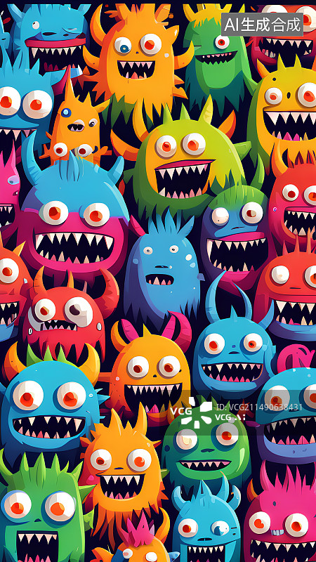 【AI数字艺术】儿童插画，许多可爱的彩色卡通小怪物，小怪兽，细菌，病毒图片素材