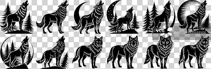 12组狐狸狼嚎叫黑色剪影图片素材