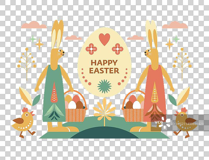 两只带篮子和复活节彩蛋的可爱复活节兔子图片素材
