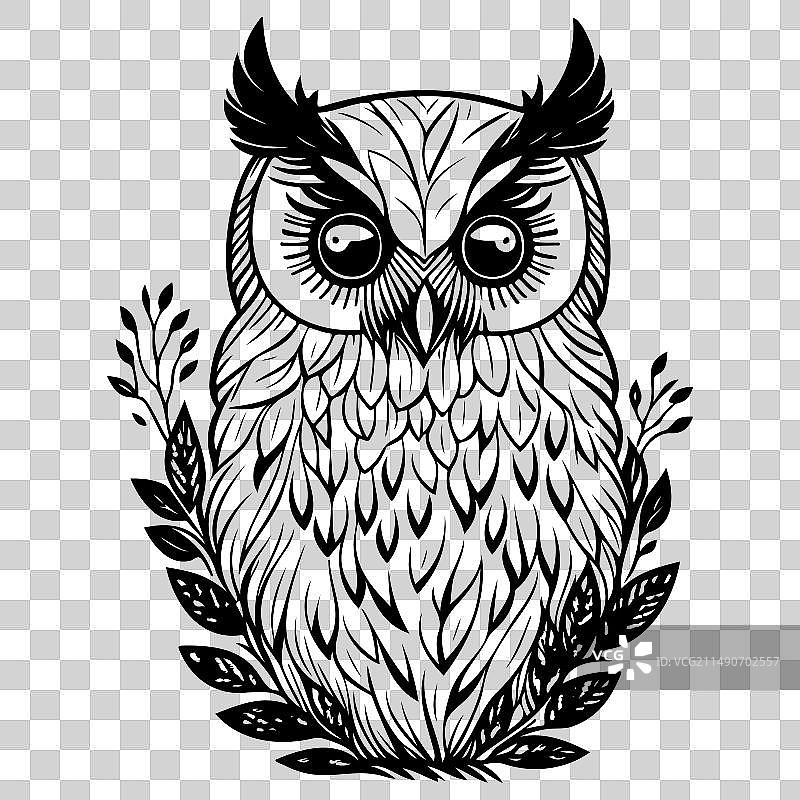 勇敢的猫头鹰与花卉春季手绘草图图片素材