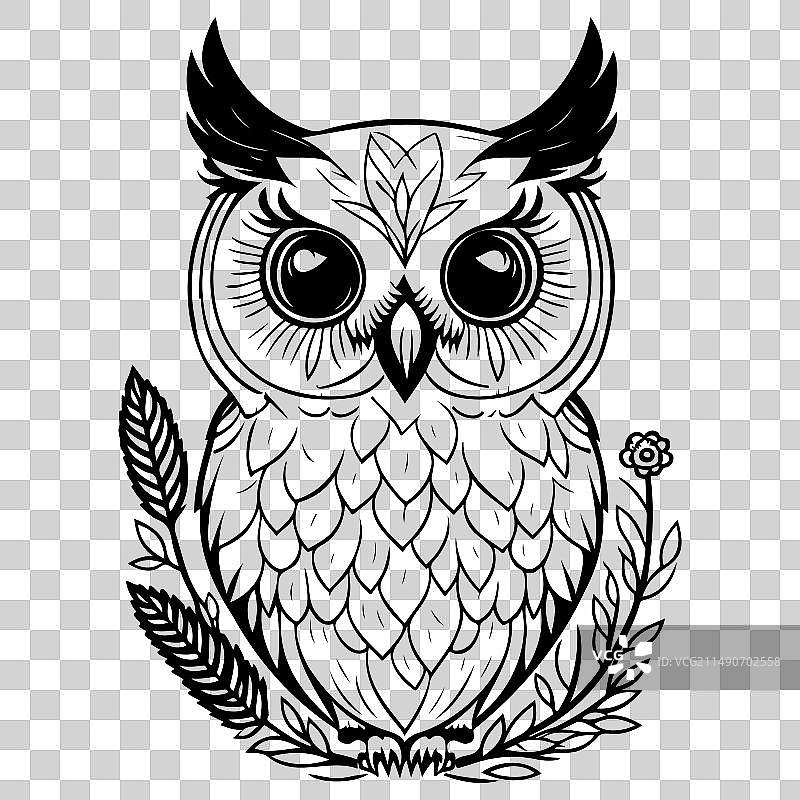 勇敢的猫头鹰与花卉春季手绘草图图片素材