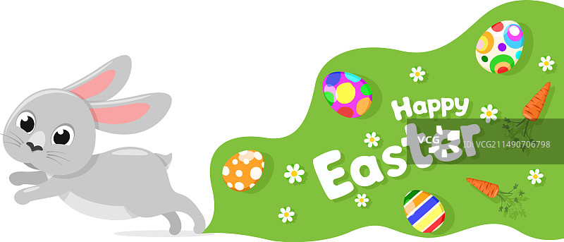 奔跑的复活节兔子与飞舞的彩蛋和胡萝卜图片素材