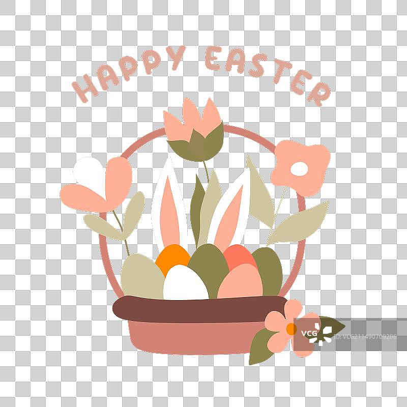 复活节篮中的彩色鸡蛋和鲜花图片素材